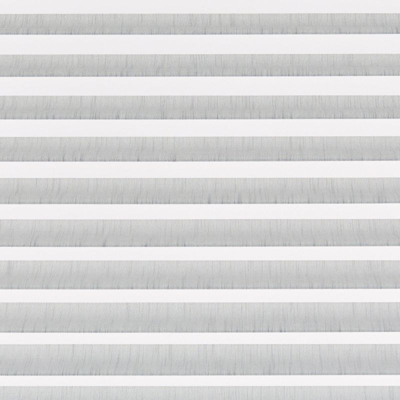 Horizontal dual-layer (zebra) roller blind with alternating sheer white and opaque light-gray fabric bands; aligned to form even stripes, filtering soft daylight across a neutral, well-lit interior.