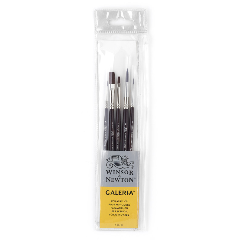 Galeria Acrylic Brushes, Short Handle, Set of 5 (Round 0, 2, & 6, One Stroke 1/8" & 1/4")