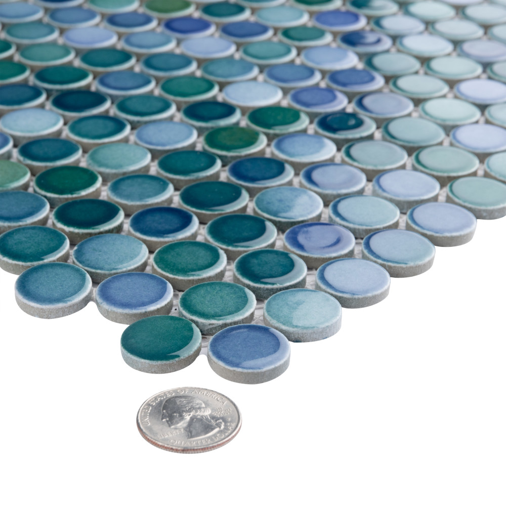 Hudson Penny Round Aquamarine 11-7/8 in. x 12-5/8 in. Porcelain Mosaic Tile
