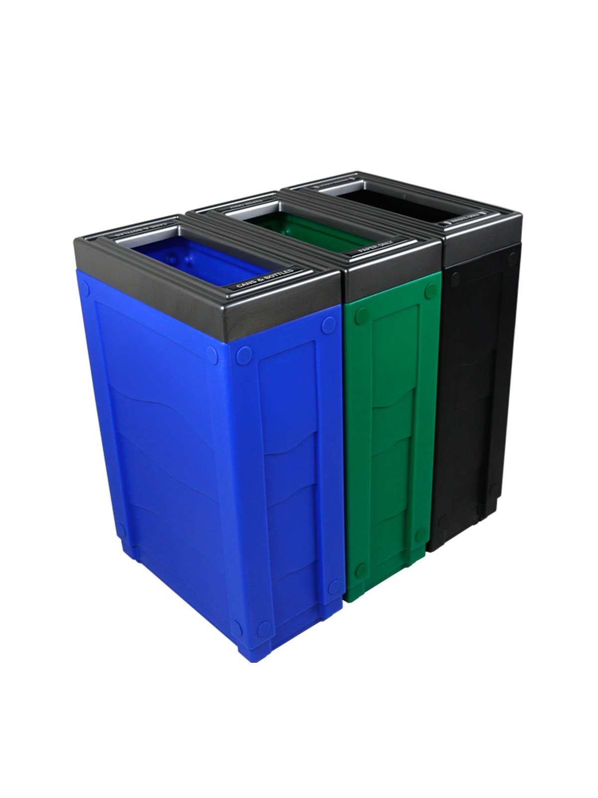 EVOLVE – Triple – Kit – Cans & Bottles-Paper-Waste – Full – Blue-Green-Black