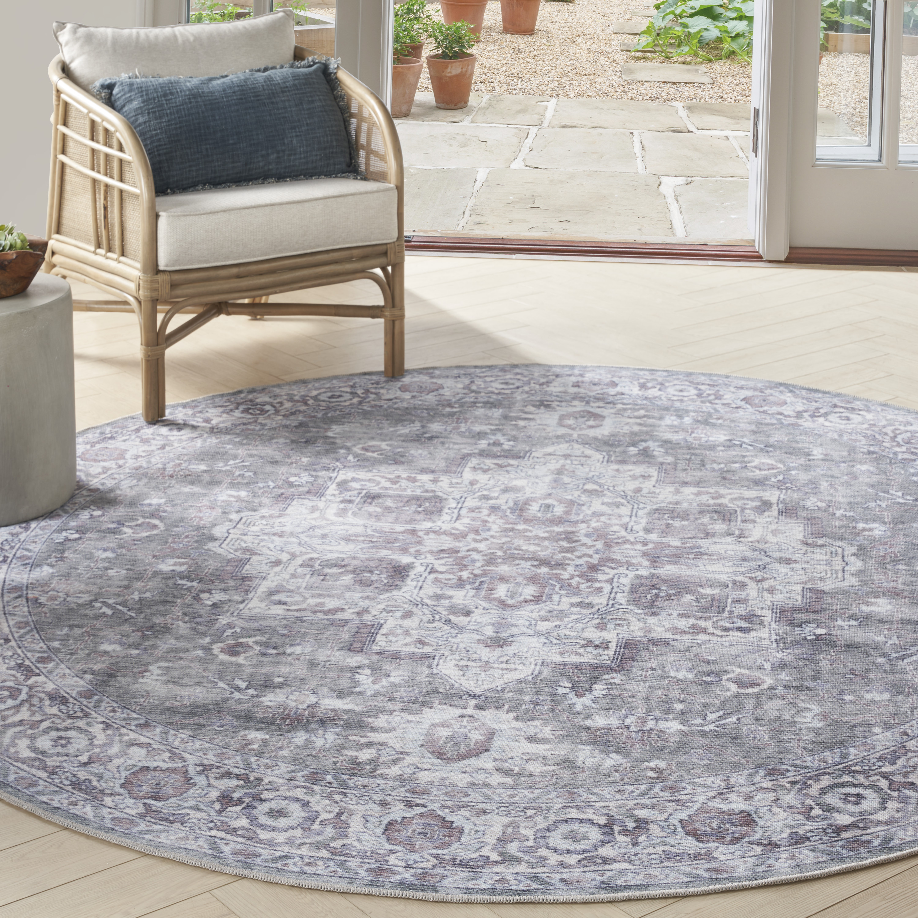 Nourison New Concept Washables 7'10" x Round Ivory Grey Vintage Indoor Rug