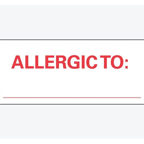 "Allergic To:" Labels, White w/ Red Text, Perforated Tape Style - 222/Roll