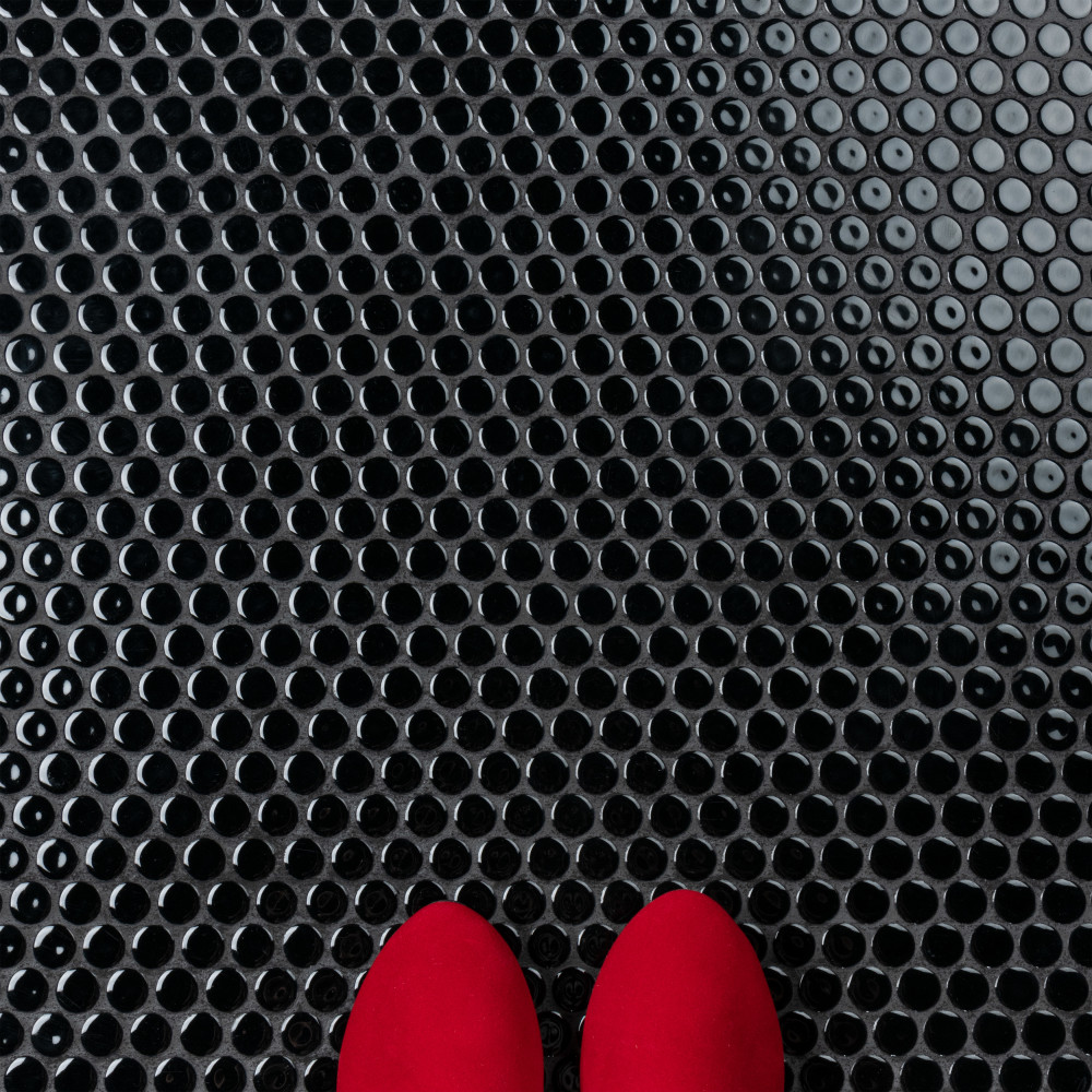 Hudson Penny Round Glossy Black Porcelain Mosaic Tile Sample - 6x6 Inch, PEI II, Impervious