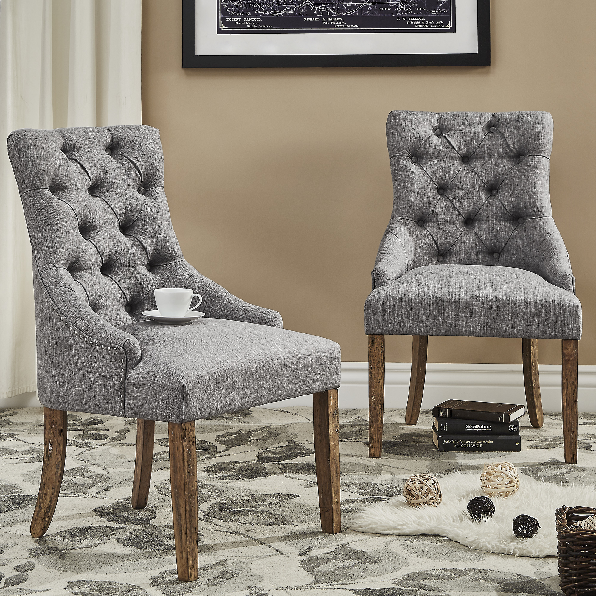 Linen Button Tufted Curved Back Dining Chairs (Set of 2)