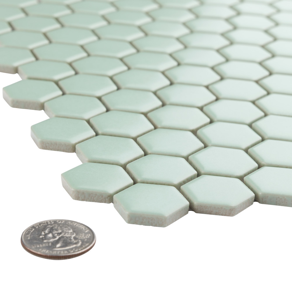 Sample – Metro 1″ Hex Matte Light Green Porcelain Mosaic Tile