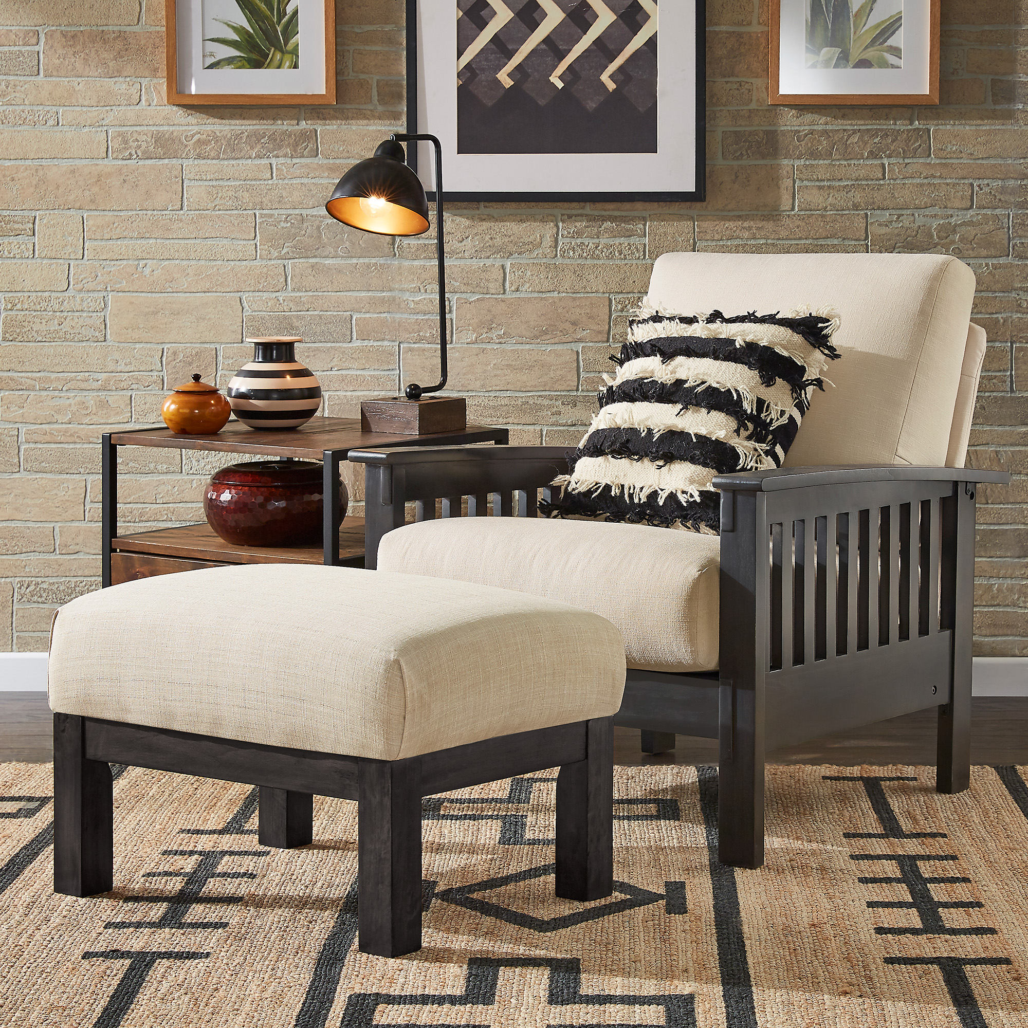 Mission-Style Wood Accent Chair with Ottoman