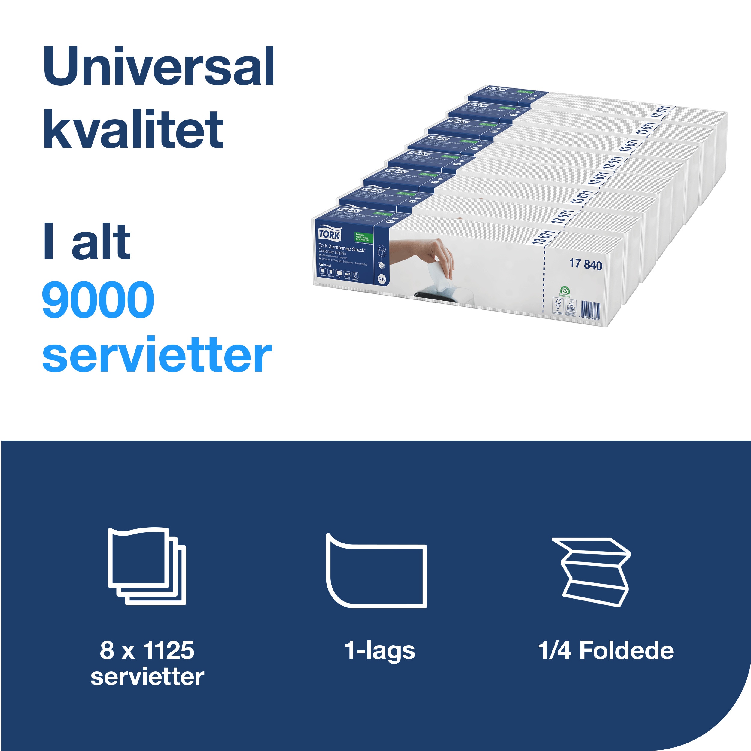 Dispenserservietter, 1 lag, Hvid, 21.3x21.4 cm, 9000 stk, Tork Xpressnap Snack N10