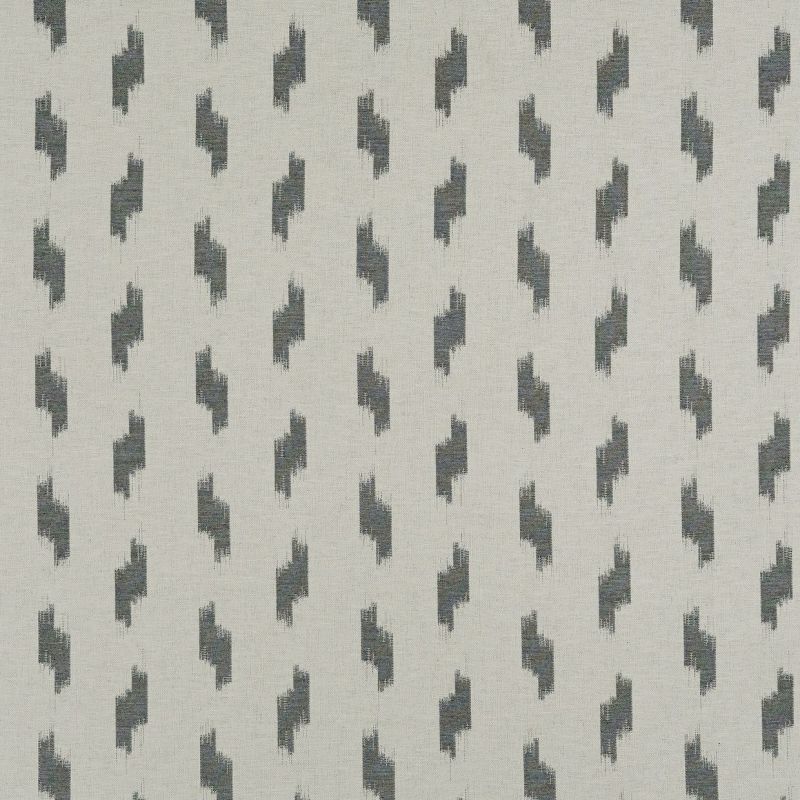 Woven beige fabric featuring staggered dark-gray abstract brushstroke motifs; motifs repeat in vertical columns, forming a regular geometric pattern across a flat, evenly lit close-up surface.