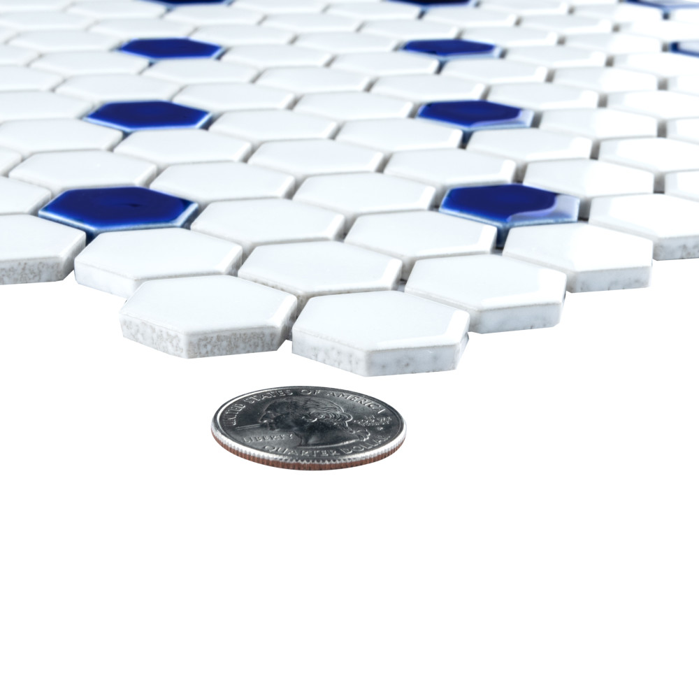 Metro Ion 1″ Hex Sapphire Dot w/Glossy White 10-1/4 in. x 11-7/8 in. Porcelain Mosaic Tile