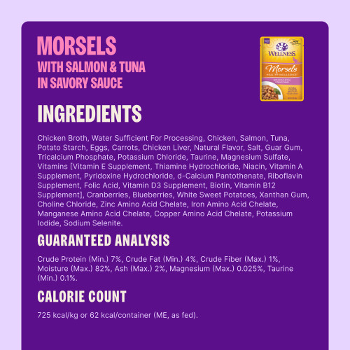 Chicken Broth, Water Sufficient For Processing, Chicken, Salmon, Tuna, Potato Starch, Eggs, Carrots, Chicken Liver, Natural Flavor, Salt, Guar Gum, Tricalcium Phosphate, Potassium Chloride, Taurine, Magnesium Sulfate, Vitamins [Vitamin E Supplement, Thiamine Hydrochloride, Niacin, Vitamin A Supplement, Pyridoxine Hydrochloride, d-Calcium Pantothenate, Riboflavin Supplement, Folic Acid, Vitamin D3 Supplement, Biotin, Vitamin B12 Supplement], Cranberries, Blueberries, White Sweet Potatoes, Xanthan Gum, Choline Chloride, Zinc Amino Acid Chelate, Iron Amino Acid Chelate, Manganese Amino Acid Chelate, Copper Amino Acid Chelate, Potassium Iodide, Sodium Selenite.