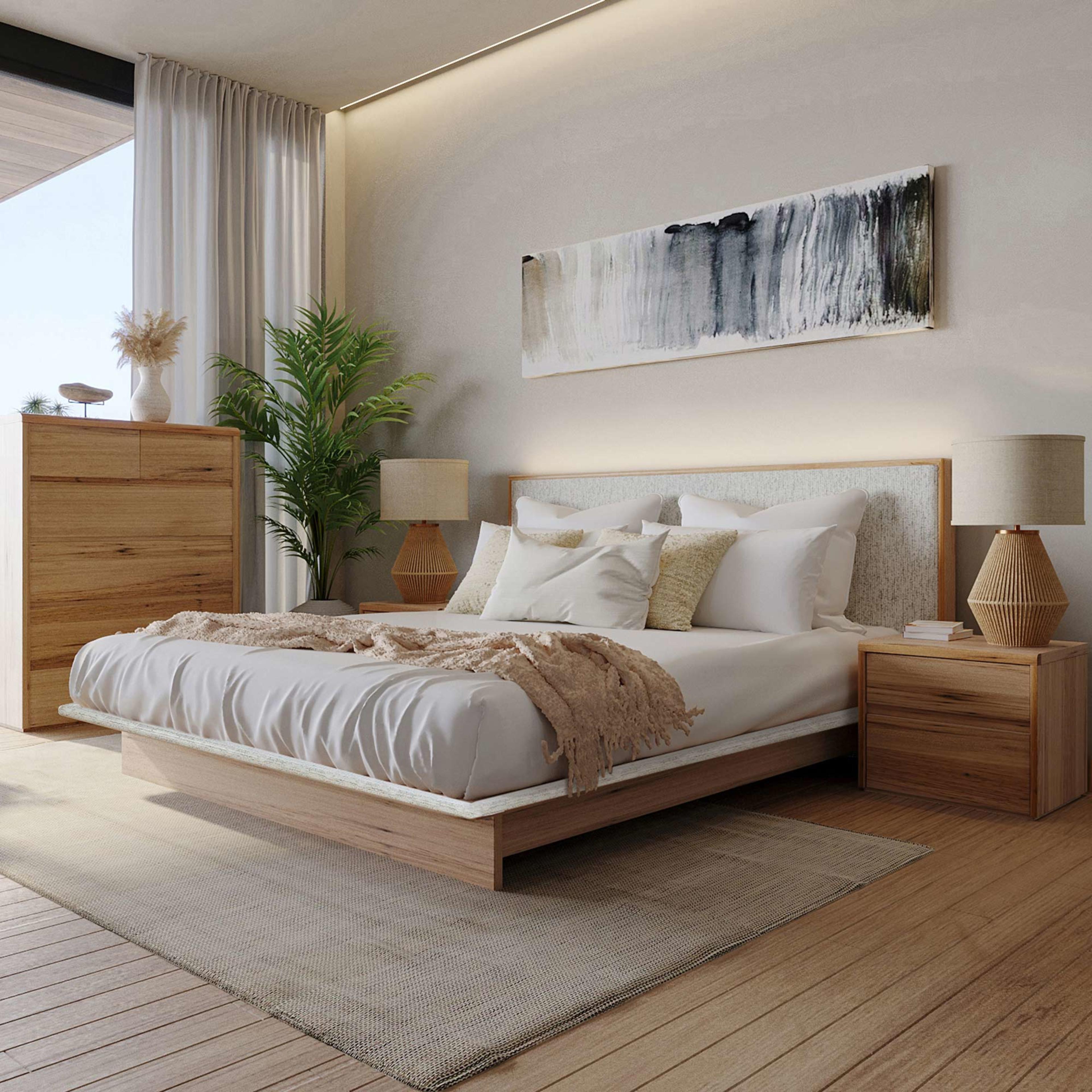Lifestyle image of the Soho Bed Frame, W/ Narrow Headboard & Upholstered Base, Light Ash-Montague Alabaster from Forty Winks