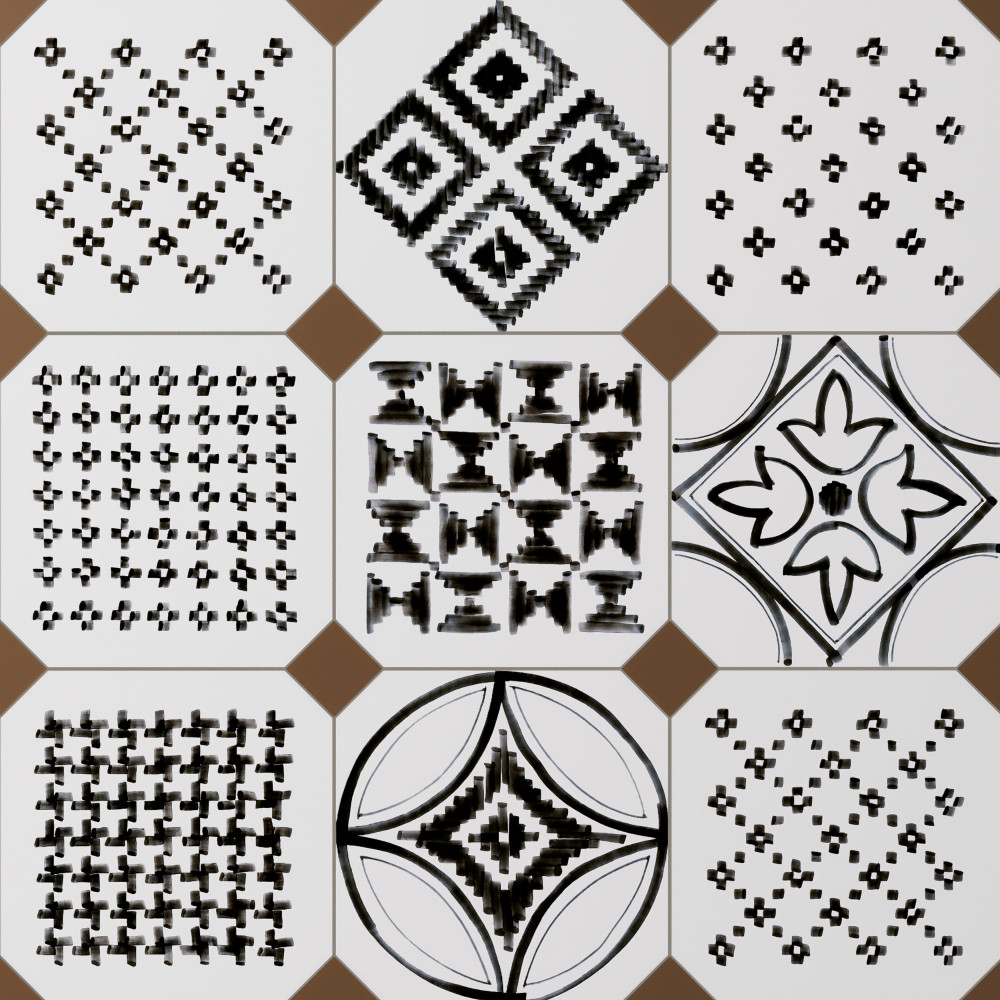 Vaudeville Octagon Deco Sombra with Taco Marron 7-7/8 in. x 7-7/8 in. Porcelain Floor and Wall Tile