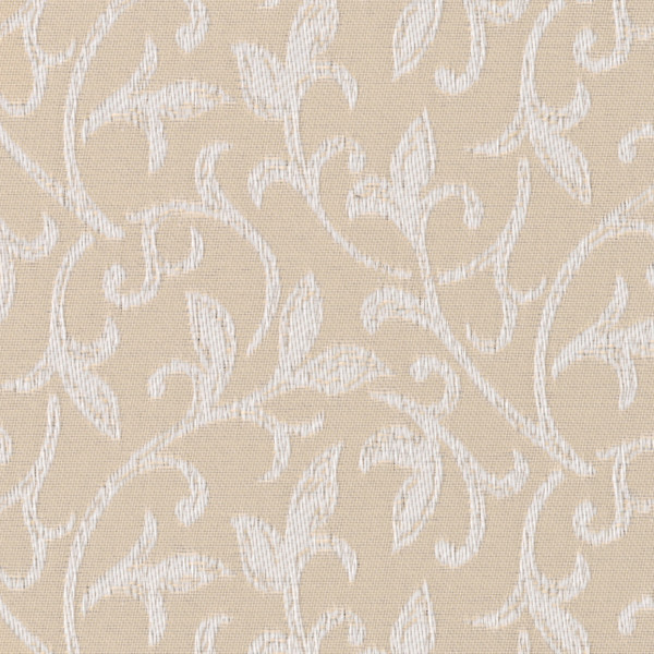 Beige textured fabric with repeating white stylized leaf-and-vine motifs curling across the surface, forming a subtle, evenly spaced decorative pattern.