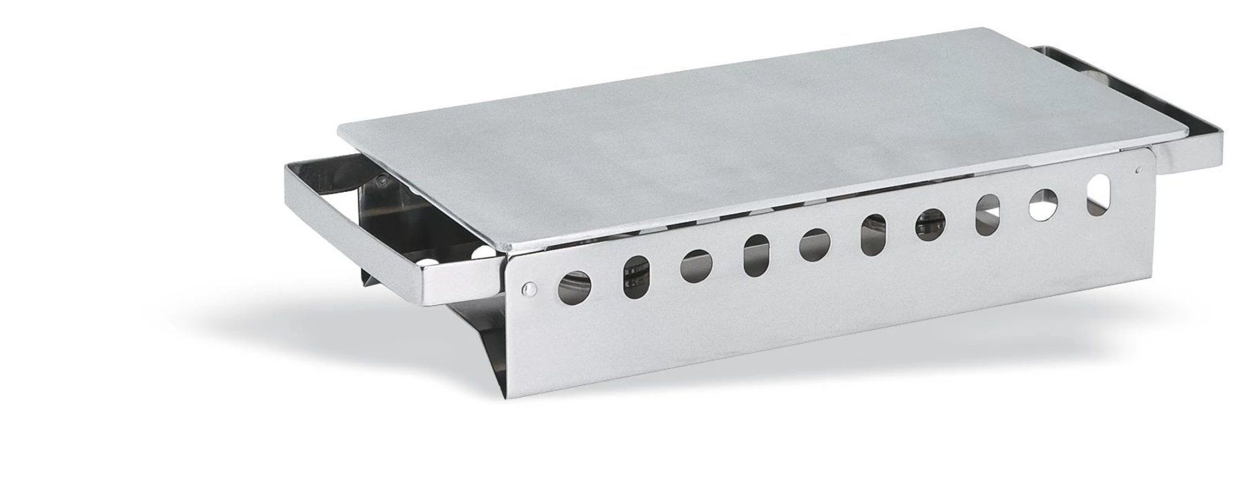 Calentador de platos o bandejas de 43x17,5x7 cm. Funciona con dos quemadores y la placa base es de aluminio.