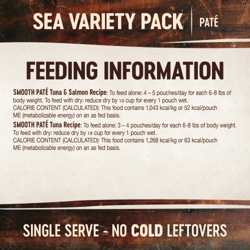 <p>Tuna:<br />
To feed alone: 3 – 4 pouches/day for each 6-8 lbs of body weight. To feed with dry: reduce dry by ⅛ cup for every 1 pouch wet.</p>
<p>Tuna & Salmon:<br />
To feed alone: 4 – 5 pouches/day for each 6-8 lbs of body weight. To feed with dry: reduce dry by ⅛ cup for every 1 pouch wet.</p>
