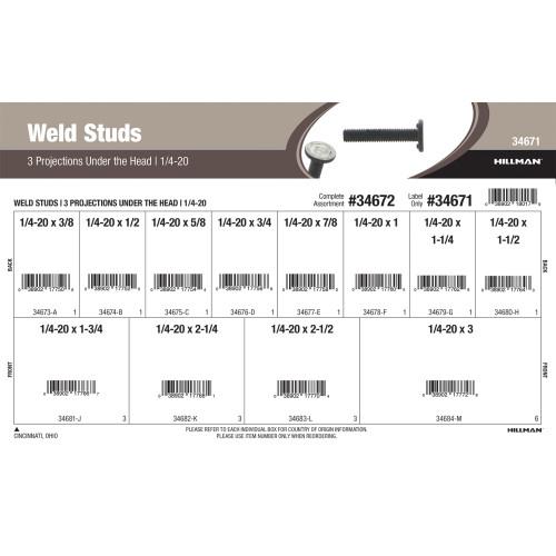 Weld Studs w/ 3 Projections Under the Head (1/4