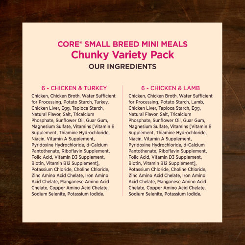 <p>Chicken & Turkey:<br />
Chicken, Chicken Broth, Water Sufficient for Processing, Potato Starch,  Turkey, Chicken Liver, Egg, Tapioca Starch, Natural Flavor, Salt, Tricalcium Phosphate, Sunflower Oil, Guar Gum, Magnesium Sulfate, Vitamins [Vitamin E Supplement, Thiamine Hydrochloride, Niacin, Vitamin A Supplement, Pyridoxine Hydrochloride, d-Calcium Pantothenate, Riboflavin Supplement, Folic Acid, Vitamin D3 Supplement, Biotin, Vitamin B12 Supplement],  Potassium Chloride, Choline Chloride, Zinc Amino Acid Chelate, Iron Amino Acid Chelate, Manganese Amino Acid Chelate, Copper Amino Acid Chelate, Sodium Selenite, Potassium Iodide.</p>
<p>Chicken & Lamb:<br />
Chicken, Chicken Broth, Water Sufficient for Processing, Potato Starch, Lamb, Chicken Liver, Tapioca Starch, Egg, Natural Flavor, Salt, Tricalcium Phosphate, Sunflower Oil, Guar Gum, Magnesium Sulfate,  Vitamins [Vitamin E Supplement, Thiamine Hydrochloride, Niacin, Vitamin A Supplement, Pyridoxine Hydrochloride, d-Calcium Pantothenate, Riboflavin Supplement, Folic Acid, Vitamin D3 Supplement, Biotin, Vitamin B12 Supplement], Potassium Chloride, Choline Chloride, Zinc Amino Acid Chelate, Iron Amino Acid Chelate, Manganese Amino Acid Chelate, Copper Amino Acid Chelate, Sodium Selenite, Potassium Iodide.</p>
