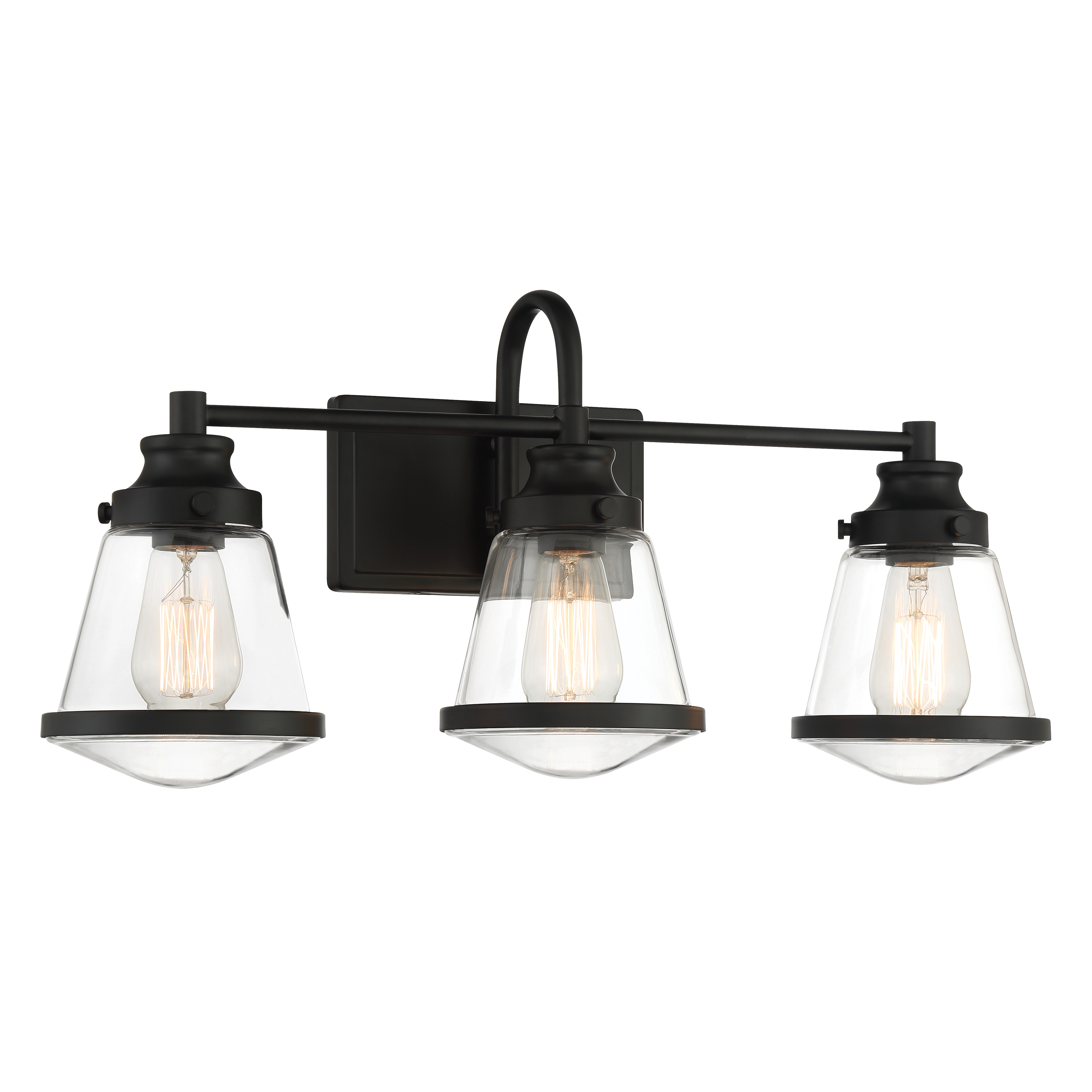 The Mannsdale 3-Light Bath Vanity combines contemporary styling with industrial edge. Its 24-inch width makes it ideal for medium vanities, while the reversible design offers installation flexibility. Clear glass shades and coal black finish create striking contrast. - alternate view