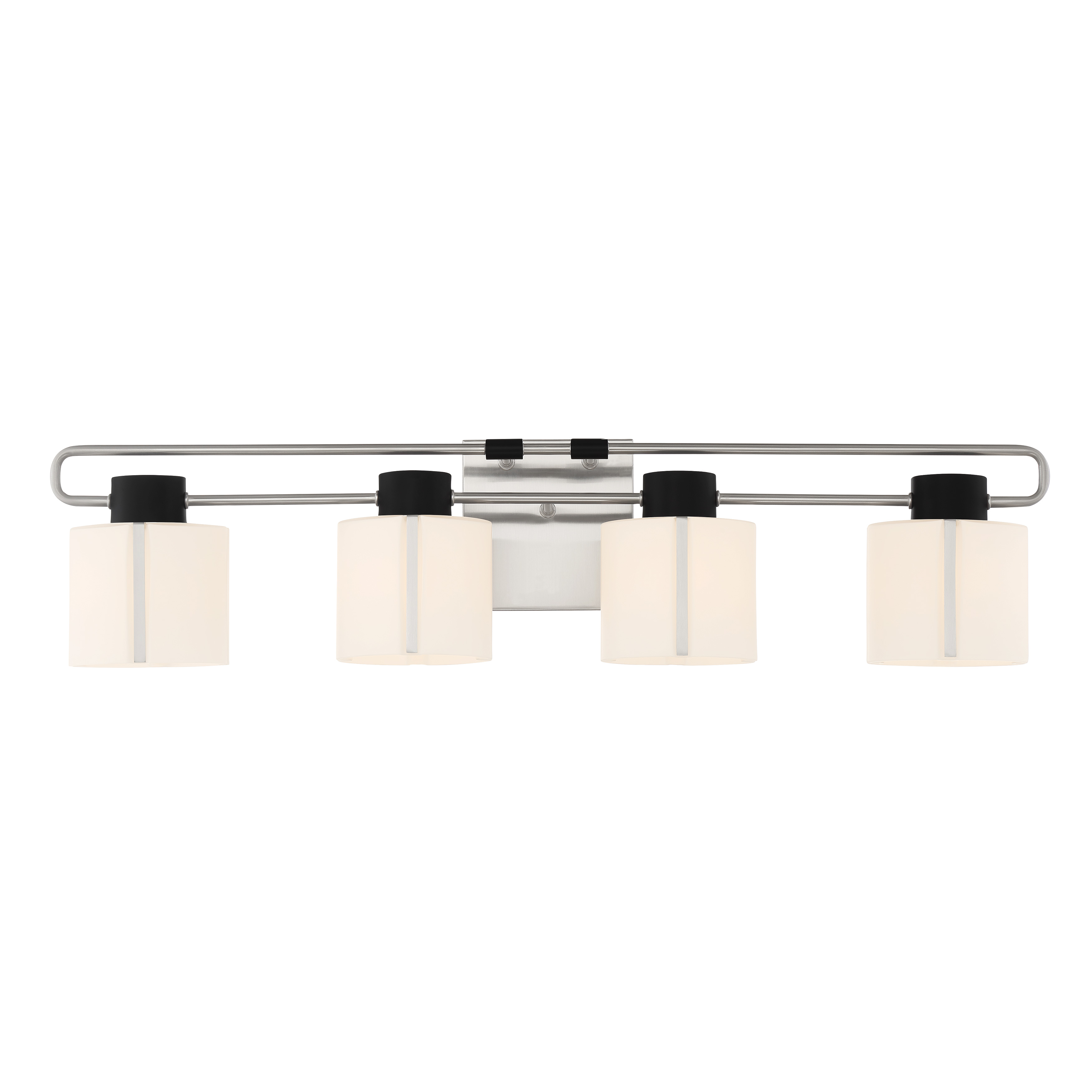 The Waverly Plaza 4-Light Bath Vanity combines modern styling with practical illumination. Its 31.75-inch width provides excellent coverage for double vanities, while etched opal glass shades deliver soft, even lighting. - alternate view