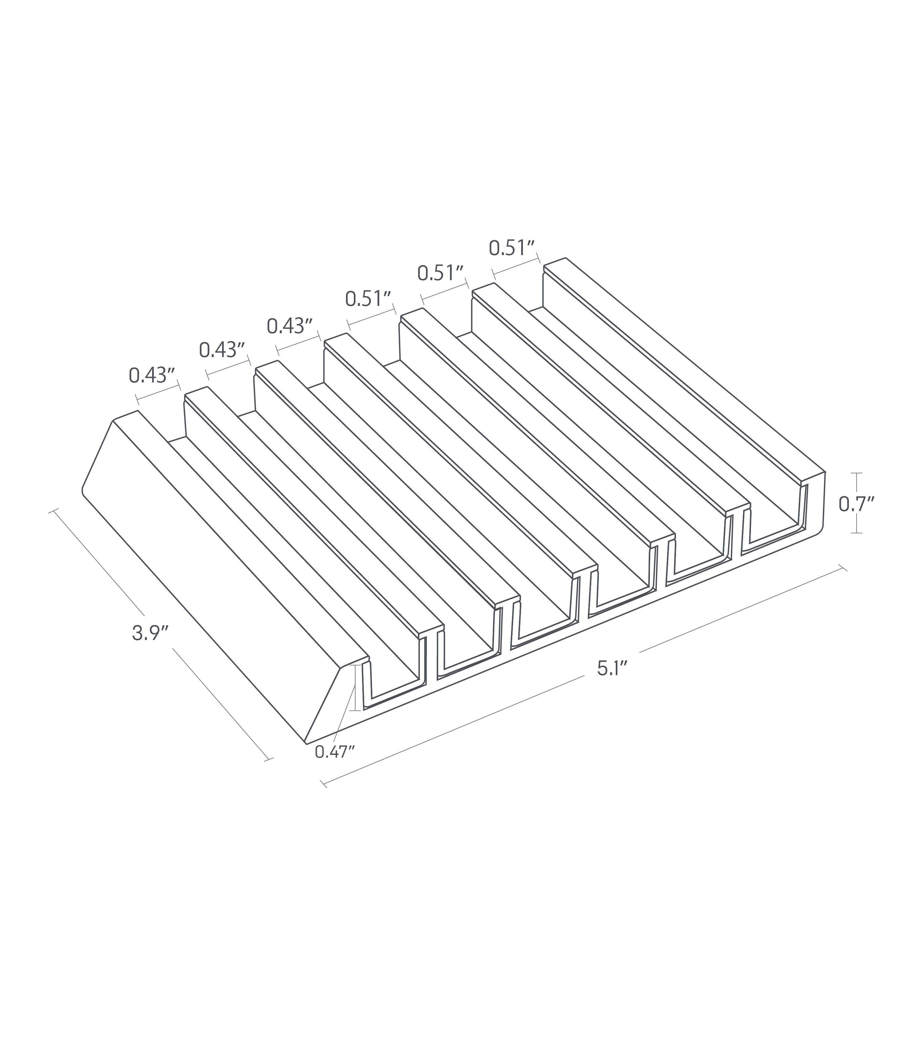 Dimension Image for Phone & Tablet Stand on a white background showing width of 3.9 inches, length of 5.1 inches, height of .7 inches, slot height of .47 inches, .43 inches between the front 3 slots, and .51 inches between the back three slots.