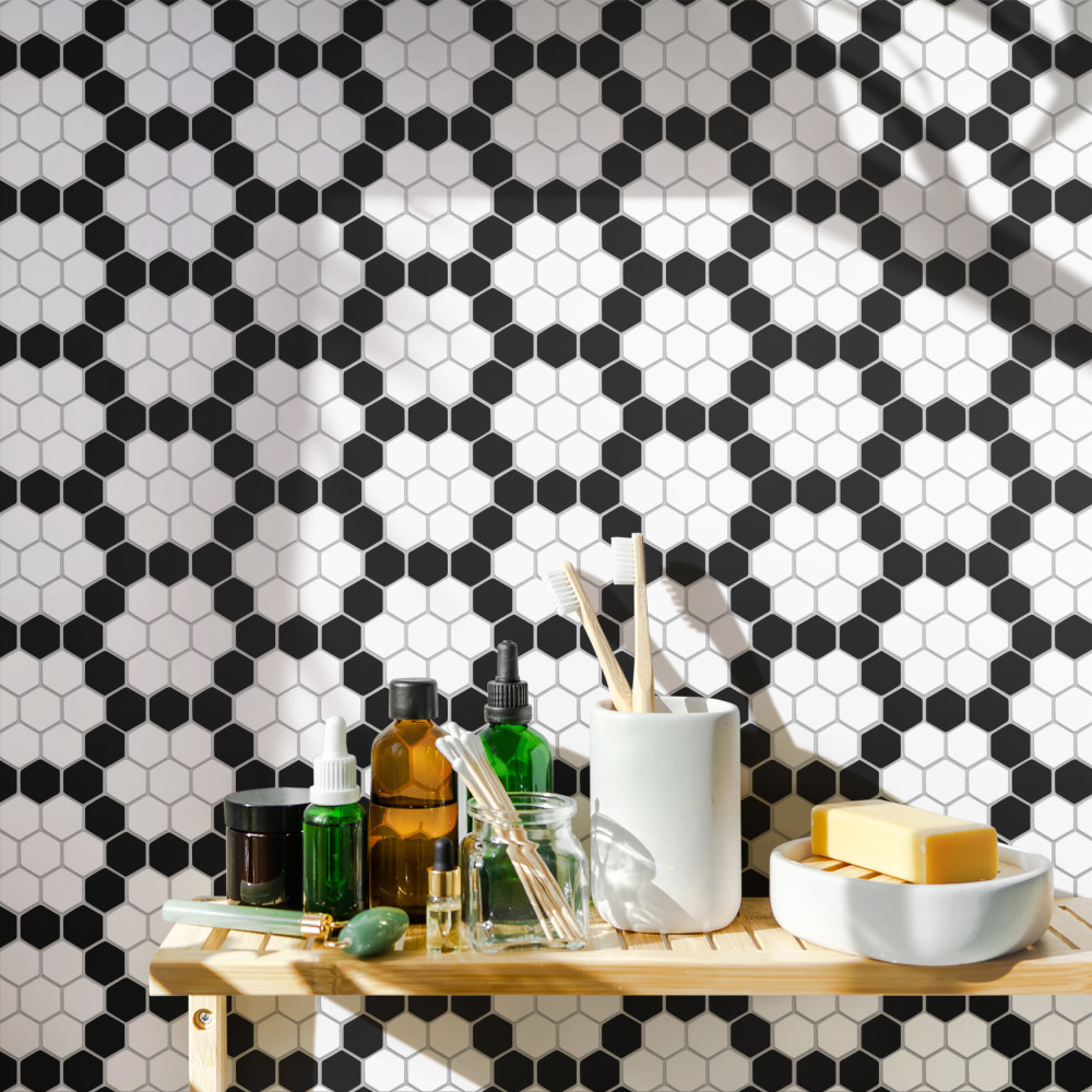 Sample – Metro 1″ Hex Matte White w/Black Honeycomb Porcelain Mosaic Tile