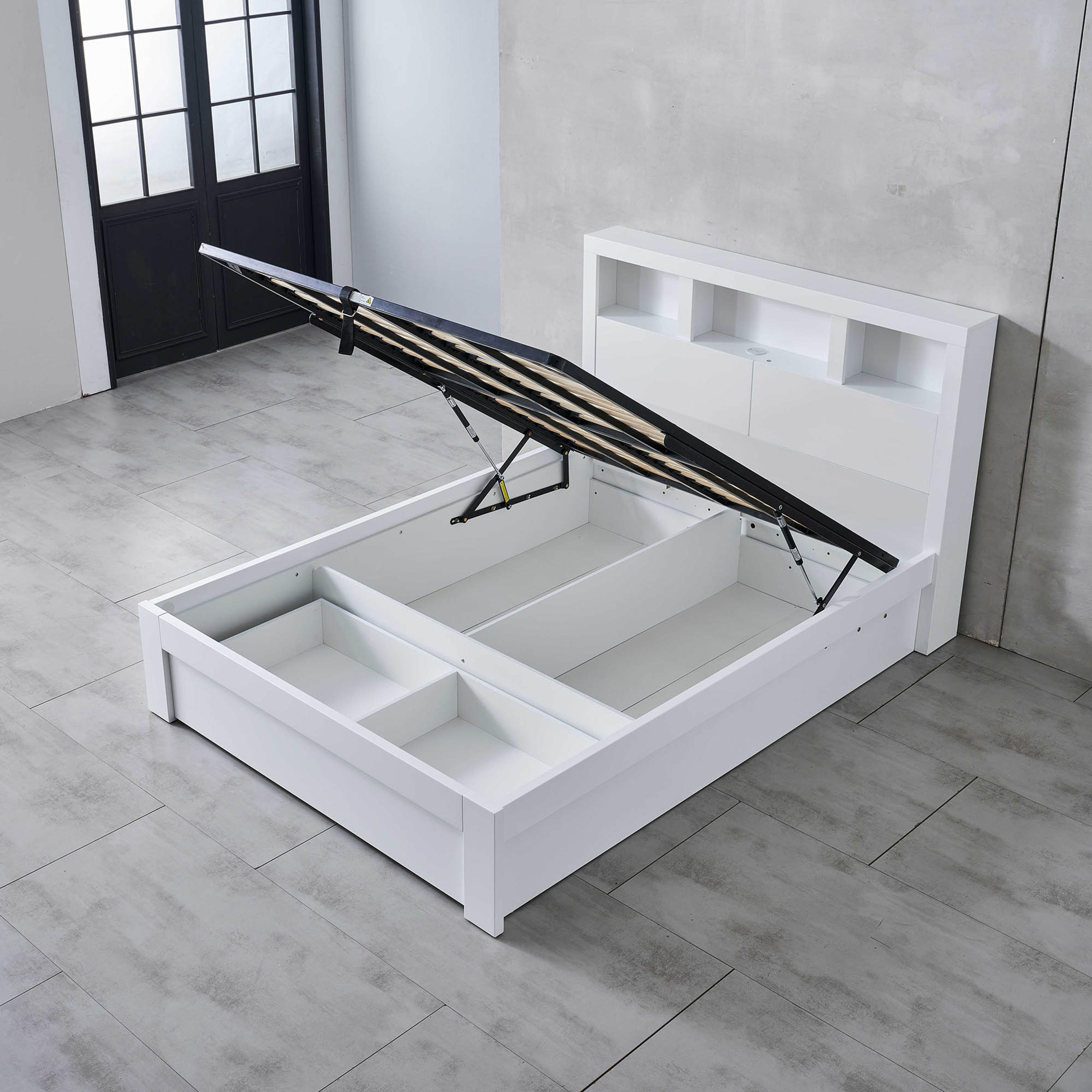 Lifestyle image of the  Lugano Bed Frame, Front Slat Gas Lift & End Drawer Base, Ivory White from Forty Winks