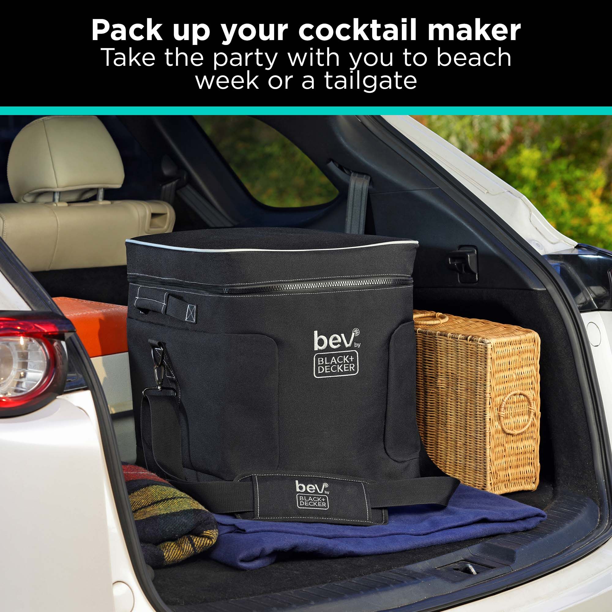 bev by BLACK+DECKER™ cocktail maker storage bag being transported in the trunk of a car