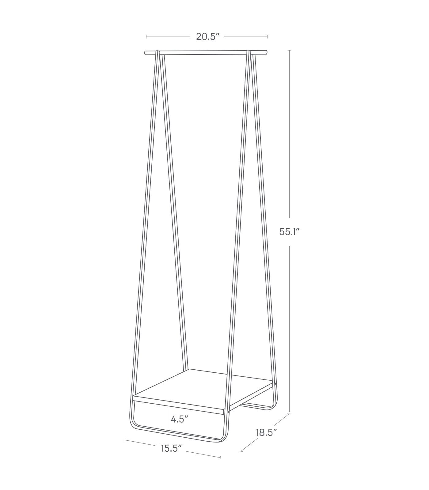 TOWER Coat Rack with Shelf. 55.1 inches tall, 20.5 inches long, 18.5 inches wide. Shelf is 4.5 inches from lower base.