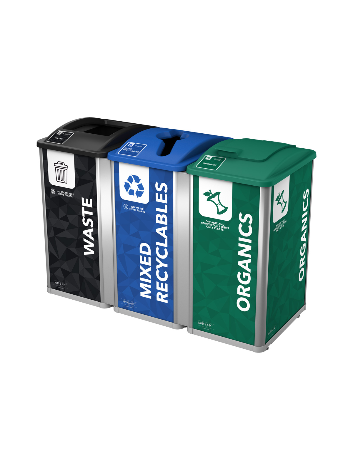 MOSAIC – Triple – Kit – Waste-Recyclables-Organics – Full-Mixed-Solid Lift – Silver-Black-Blue-Green