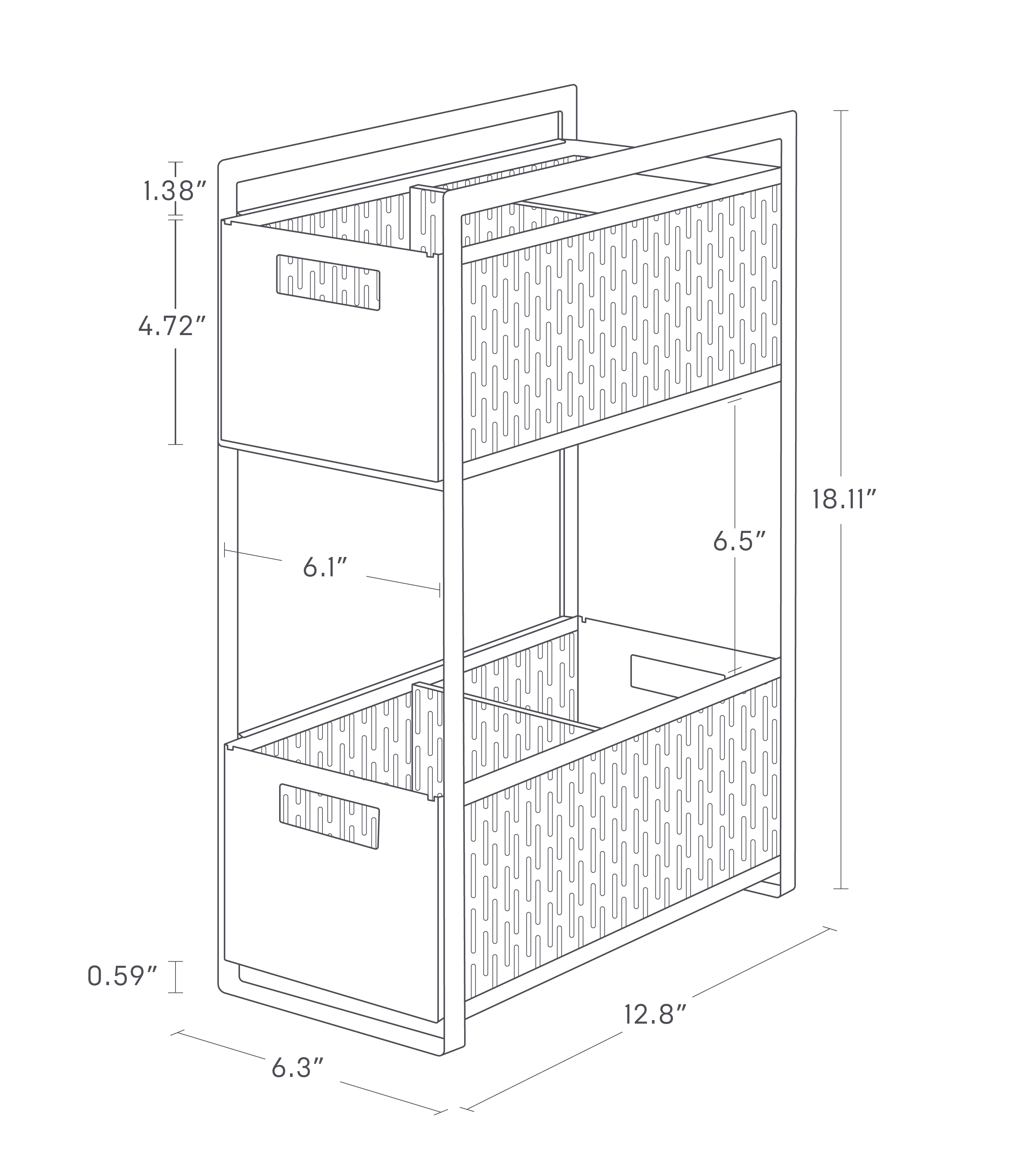 Dimension image for Two-Tier Cabinet Storage Basket showing shelf unit height 18.11", width 12.8", depth 6.1", pocket height 4.72", and base thickness 0.59