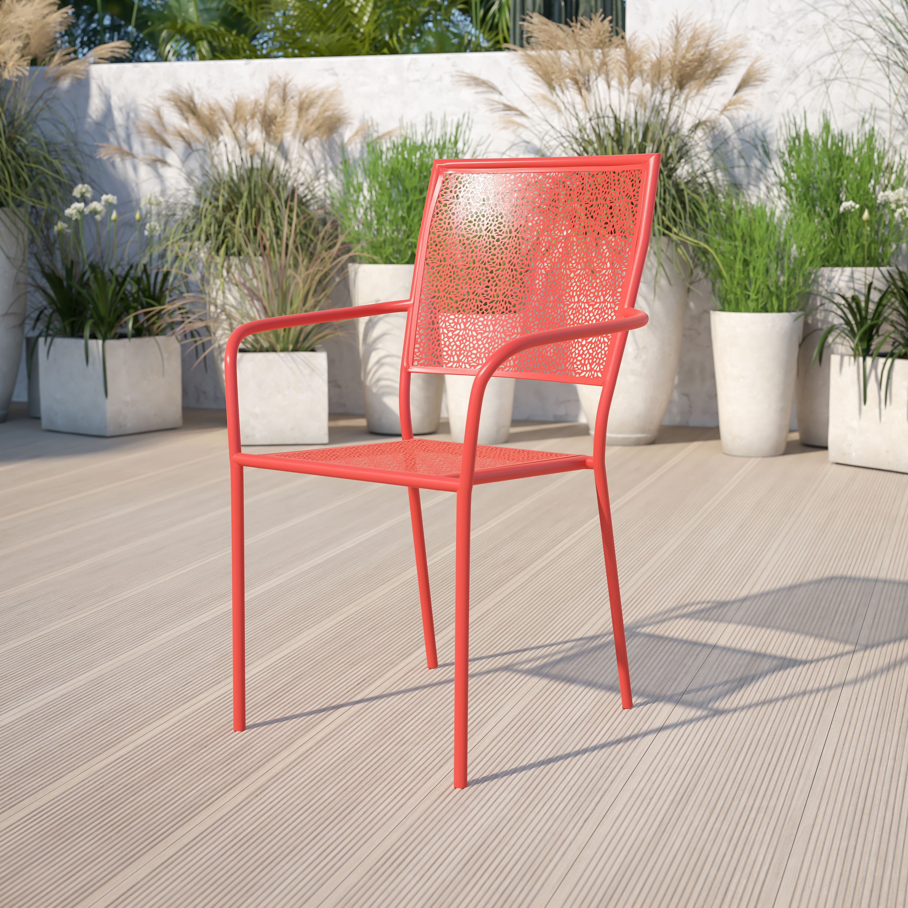 Commercial Grade Sky Blue Indoor-Outdoor Steel Patio Arm Chair with Square Back - Picture 2 of 61