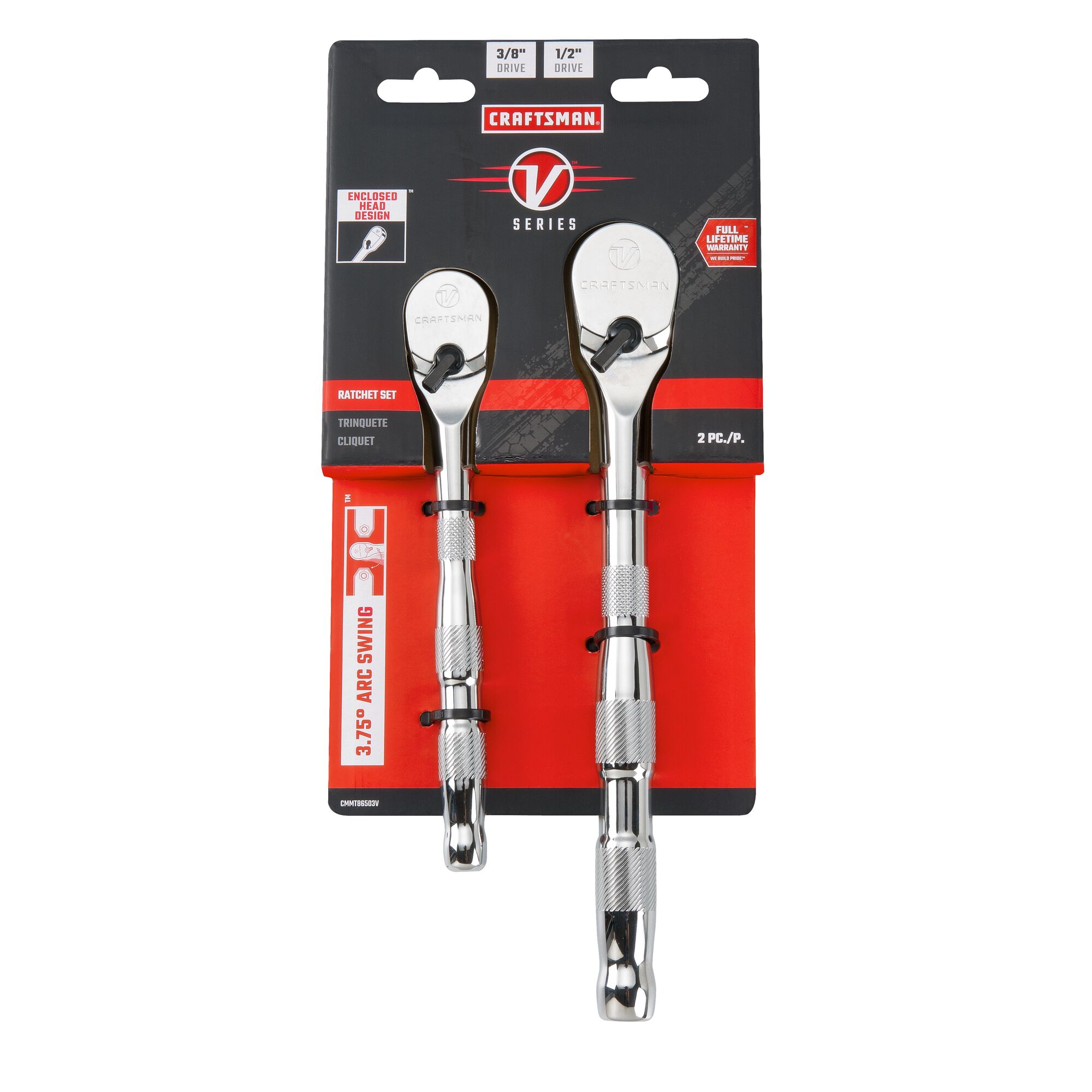 V series three eighth inch and half inch drive ratchet in packaging. 2 pack