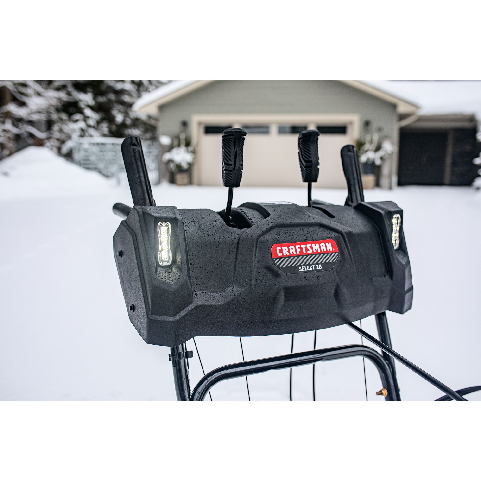 CRAFTSMAN Select 26 Snowblower zoomed in view of handles and LED headlights