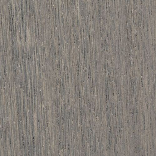 Gray-stained oak veneer with tight vertical grain and subtle knots, showing fine parallel striations and slight weathering, filling the frame as a studio-lit close-up sample.