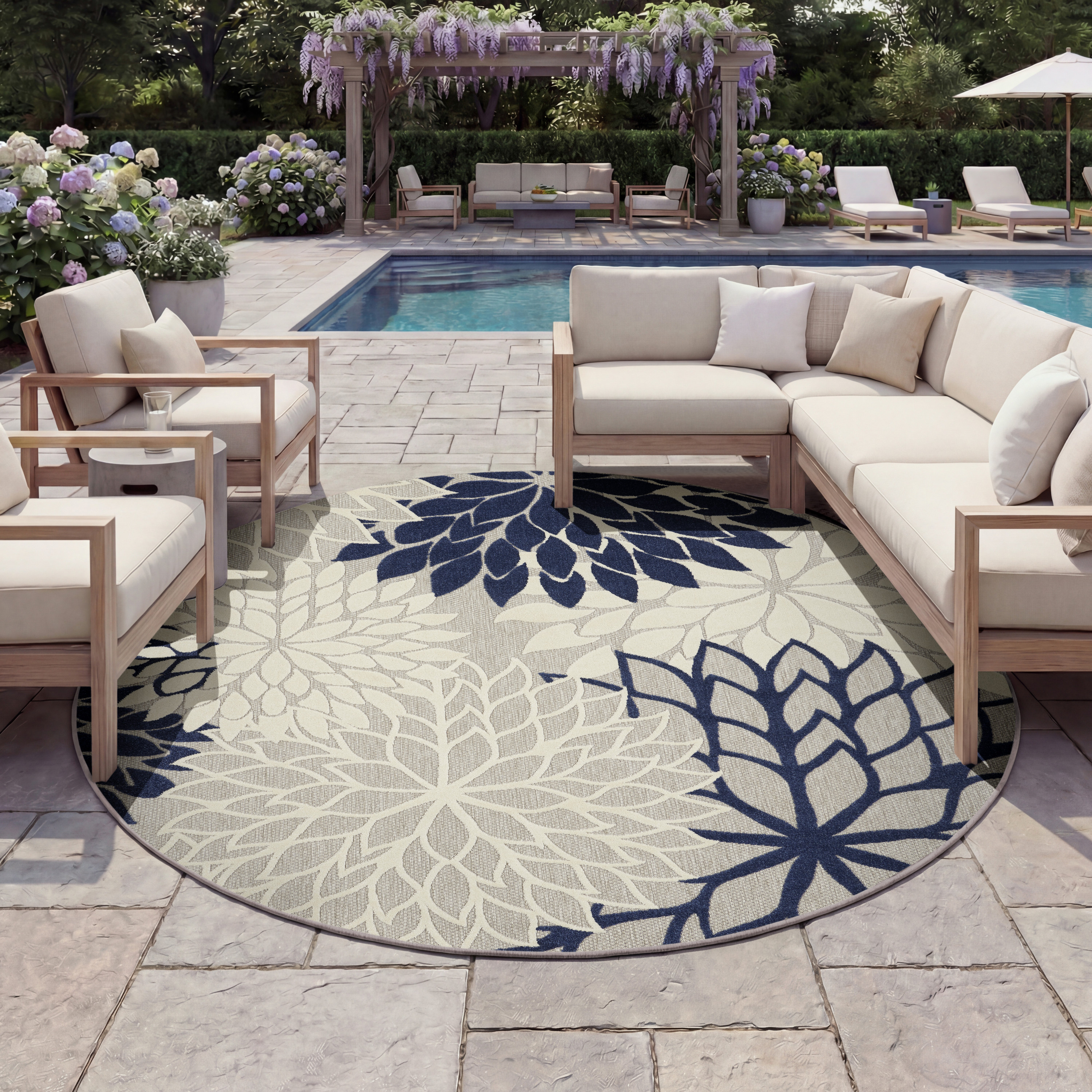 Nourison Aloha 7'10" x Round Ivory Navy Tropical Rug