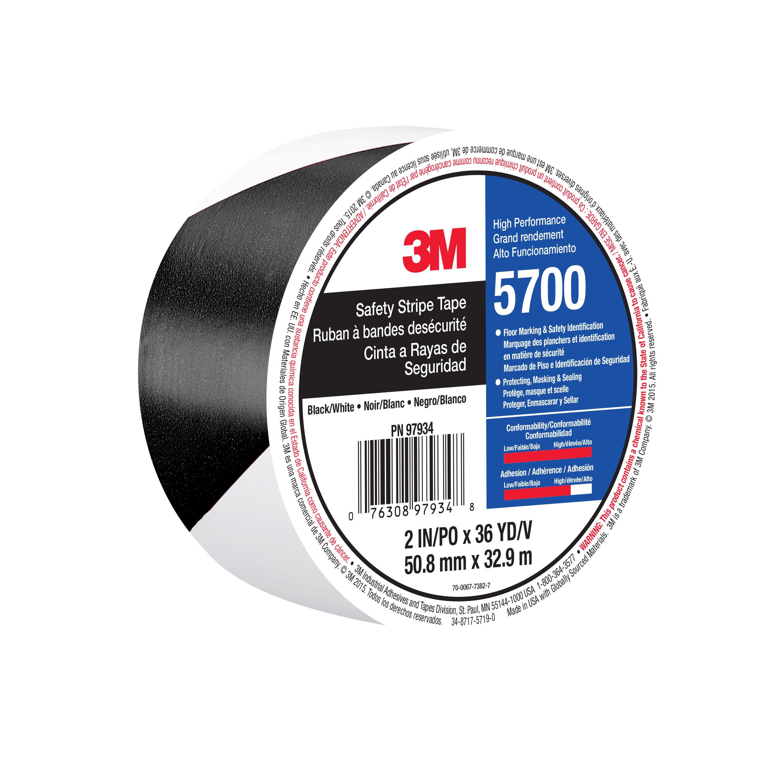 3M™ Safety Stripe Vinyl Tape 5700, Black/White, 2 in x 36 yd, 5.4 mil, 24 Roll/Case, Individually Wrapped Conveniently Packaged