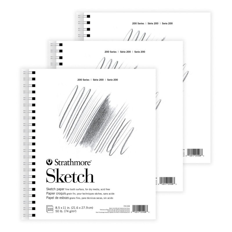 200 Series Sketch Paper Pad, Wire Binding, 100 Sheet, 8.5x11 inch, Pack of 3