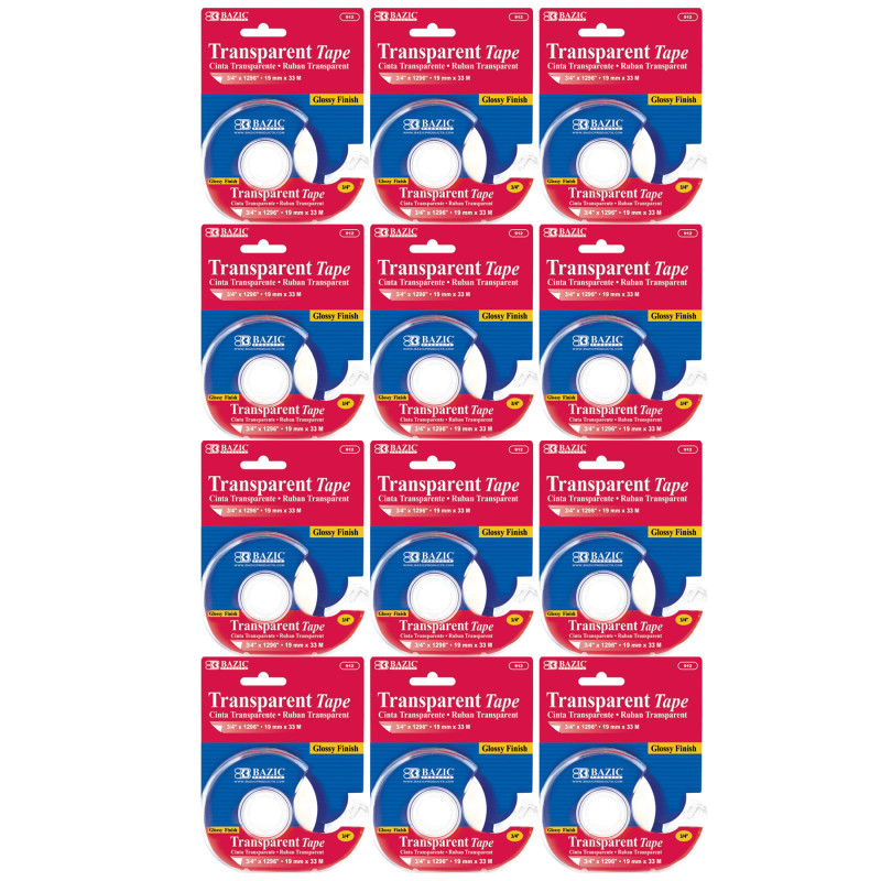 Transparent Tape with Dispenser, 3/4" x 1296", Pack of 12