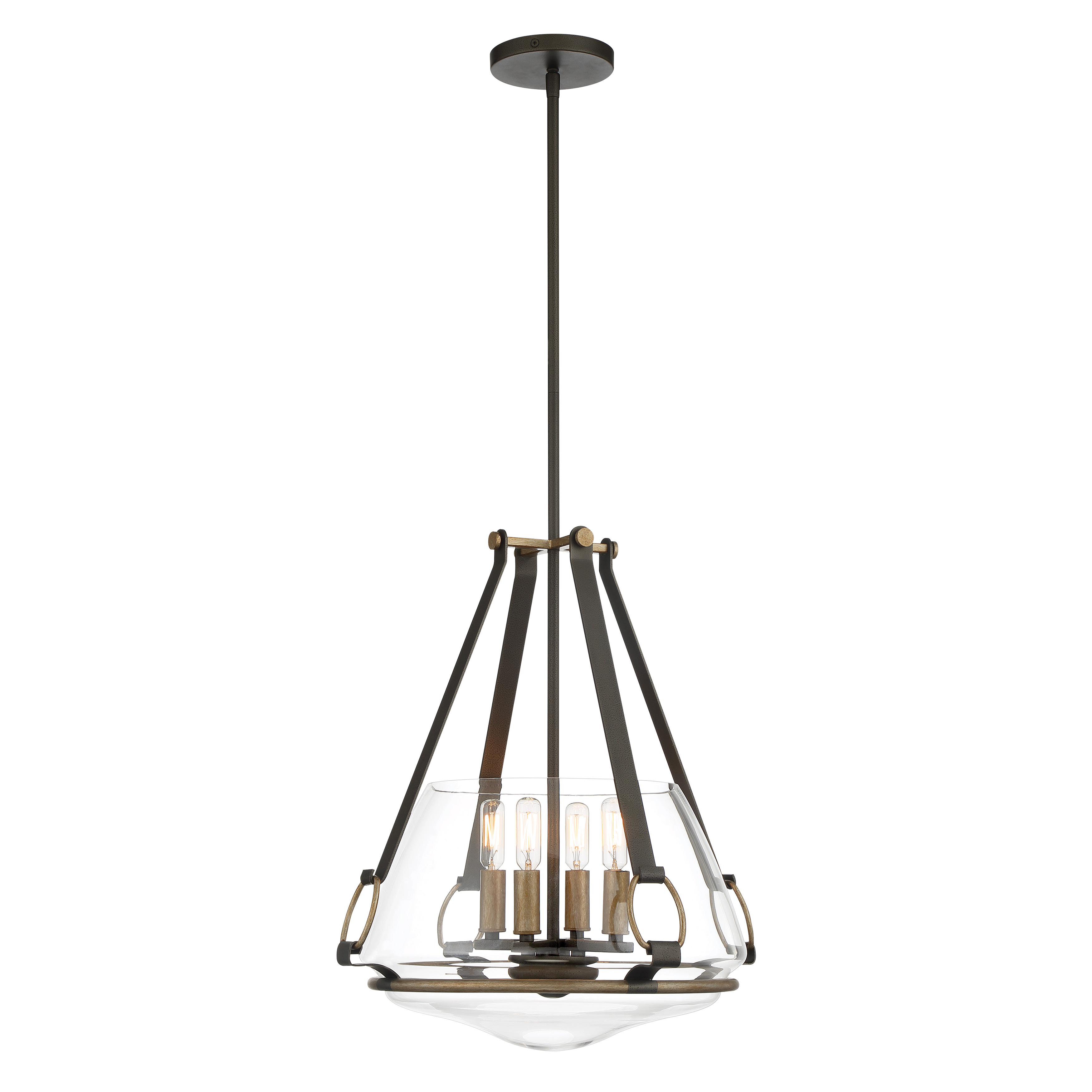 The Eden Valley combines industrial charm with contemporary elegance through its smoked iron and aged gold finish. The convertible design offers flexibility as both pendant and semi-flush mount, while clear glass shades showcase vintage-style bulbs beautifully. - alternate view