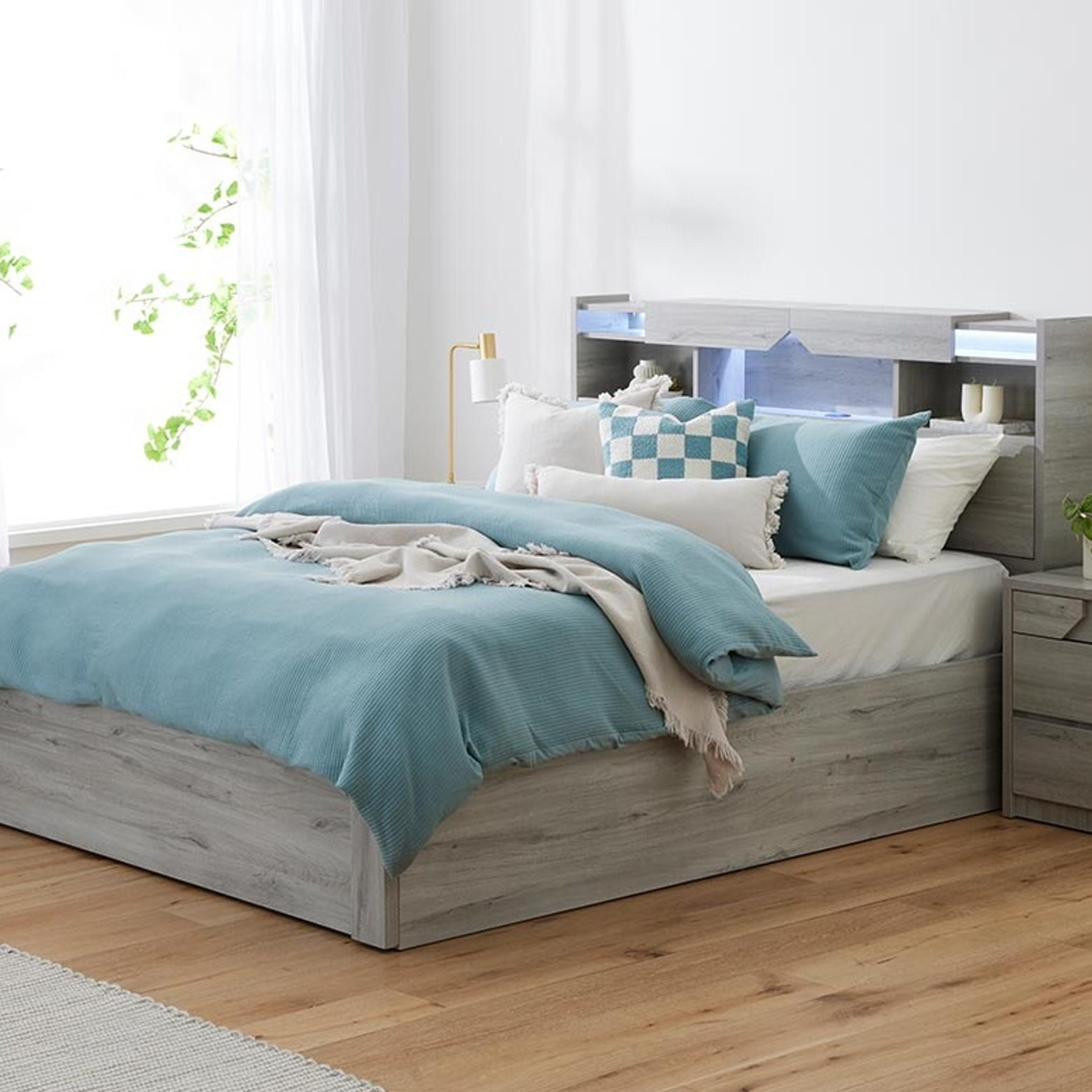 Lifestyle image of the  Sovereign Bed Frame, Gas Lift & End Drawer Base, Washed Grey from Forty Winks