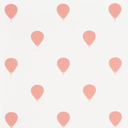 Small pastel-pink hot-air balloon motifs, evenly spaced in a grid and repeating, decorating a pale white background like a simple wallpaper pattern in soft, flat colors.