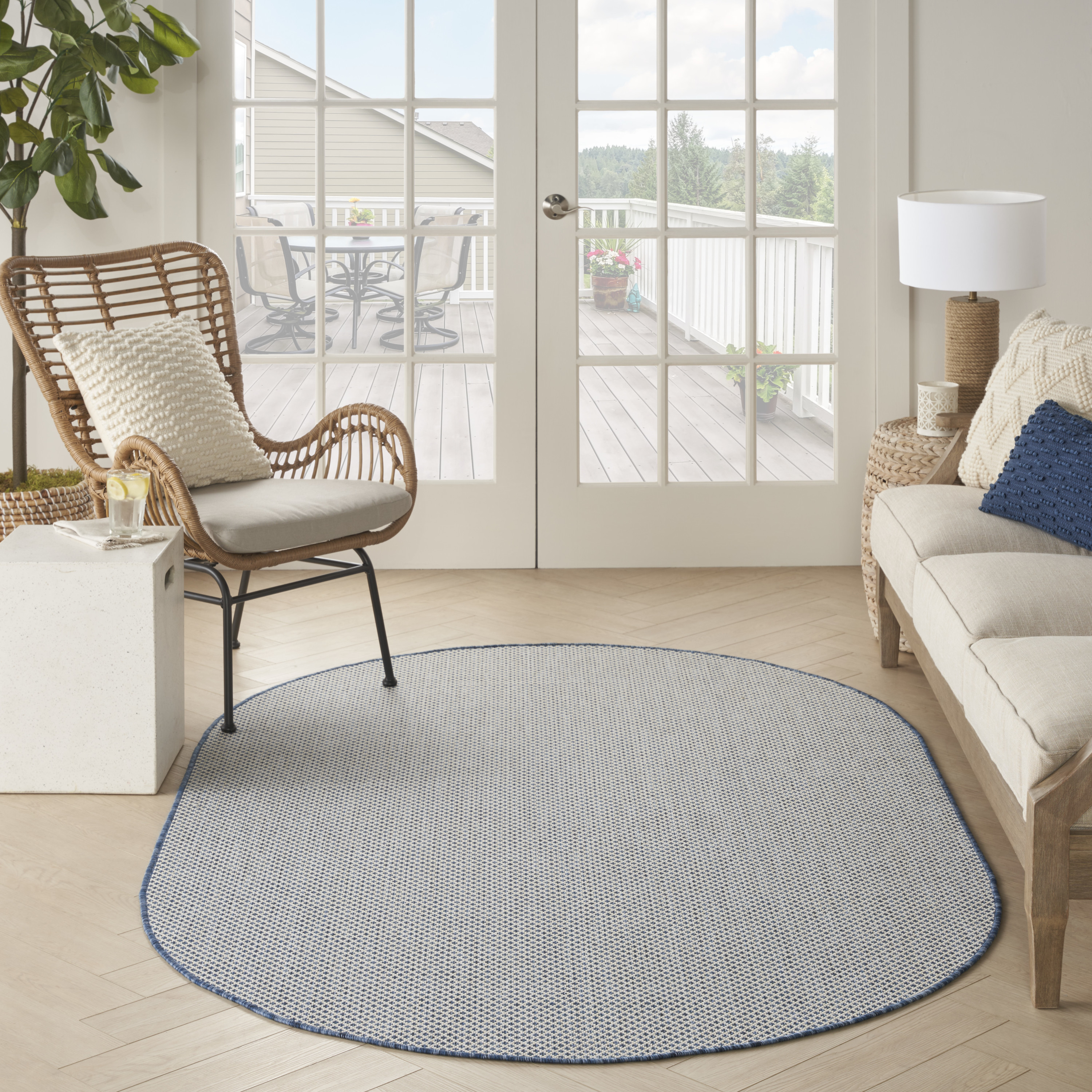 Nourison Courtyard 5' x 8' Oval Ivory Blue Modern Rug