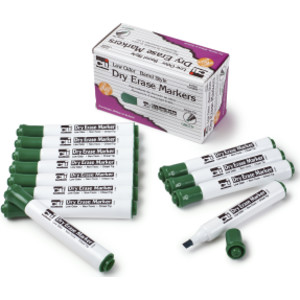 Dry Erase Markers, Barrel Style, Chisel Tip, Green, Pack of 12