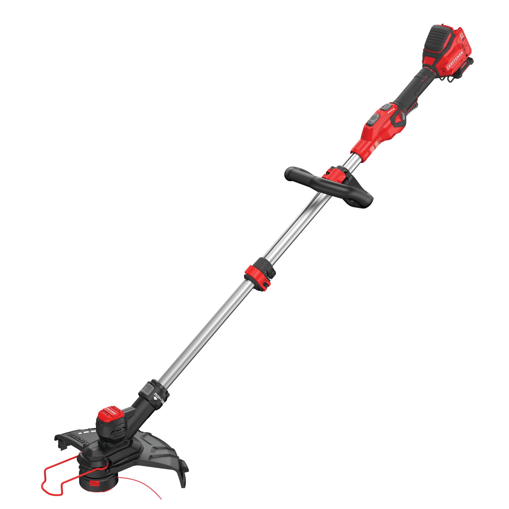 Close up of 20 volt cordless 13 inch weedwacker string trimmer edger with push button feed.