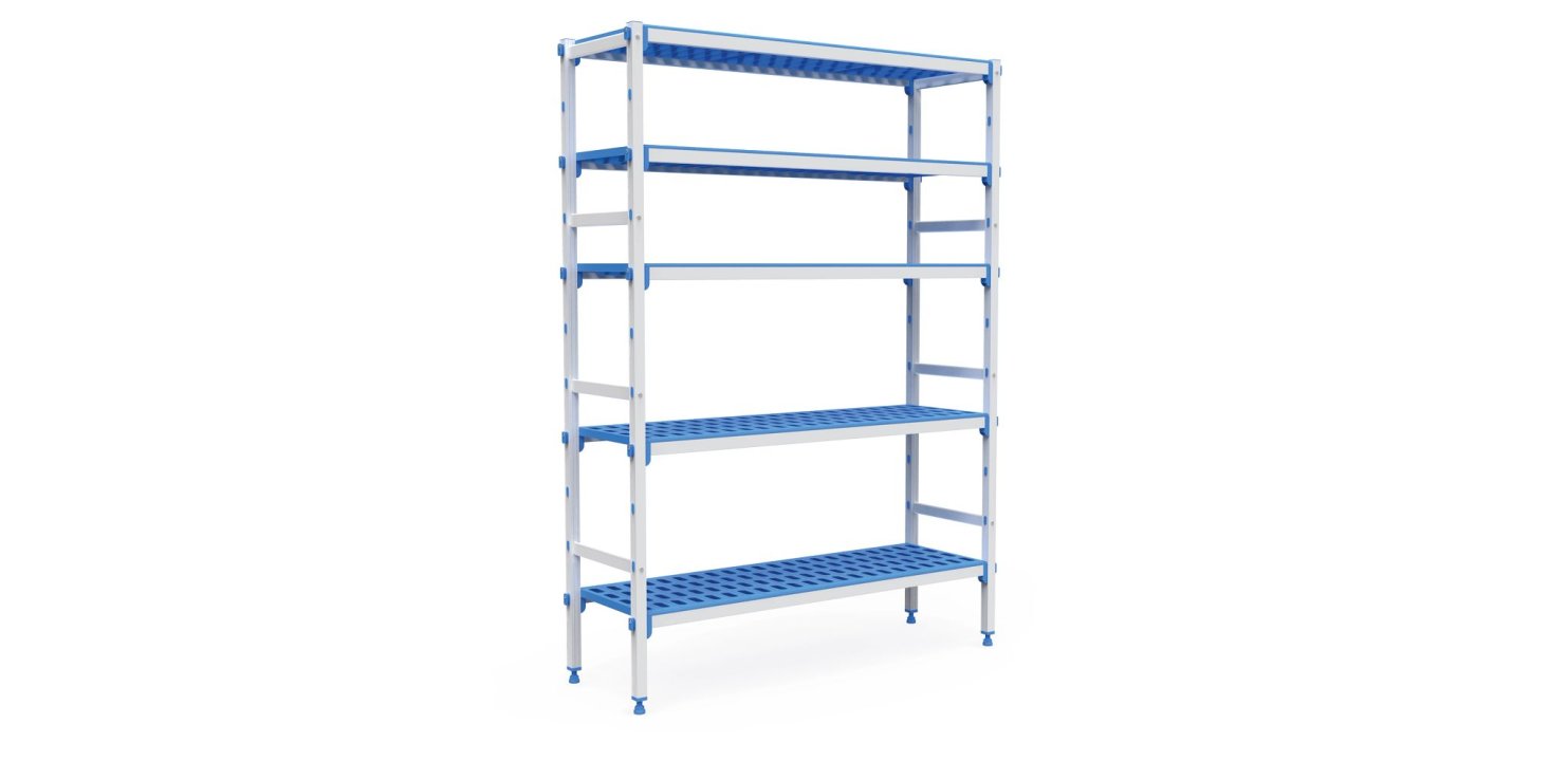 Five-level modular shelving kit anodized aluminum frame with polypropylene shelves 5620 x 555 mm