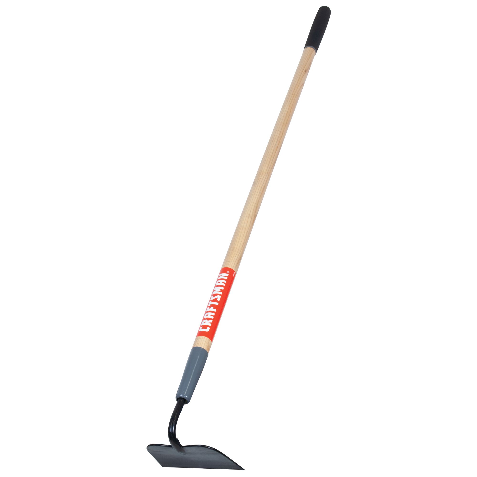 Right profile of wood handle garden hoe.