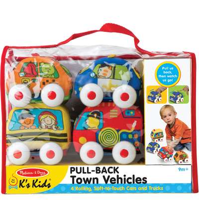K's Kids Pull-Back Vehicle Set - Soft Baby Toy Set With 4 Cars and Trucks
