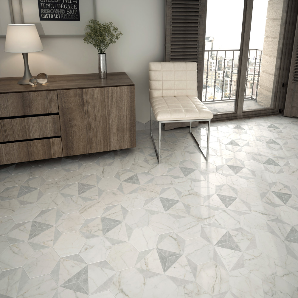 Classico Carrara Hexagon Peak 7 in. x 8 in. Porcelain Floor and Wall Tile