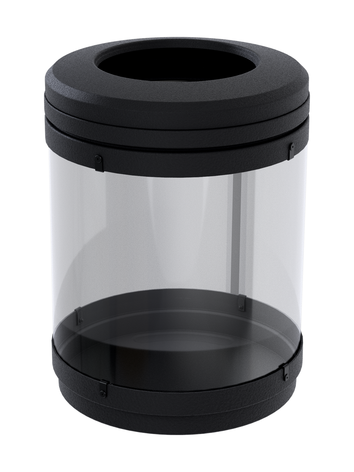 clear body waste container with black plastic lid and base for visible collection and security