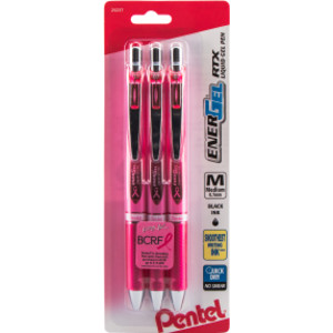 PINK BCA Ribbon EnerGel RTX Retractable Liquid Gel Pen, (0.7mm) Metal Tip, Medium Line,Pink Barrel, Black Ink, 3-Pk